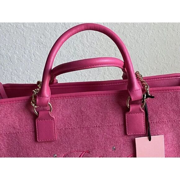 Juicy Couture Beach Tote Pink Flash Terry Cloth Embroidered Logo Bag Purse NEW - Picture 5 of 13